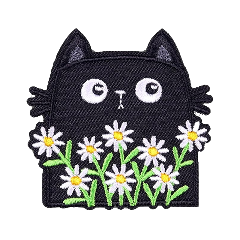Black cat with daisies embroidered patch