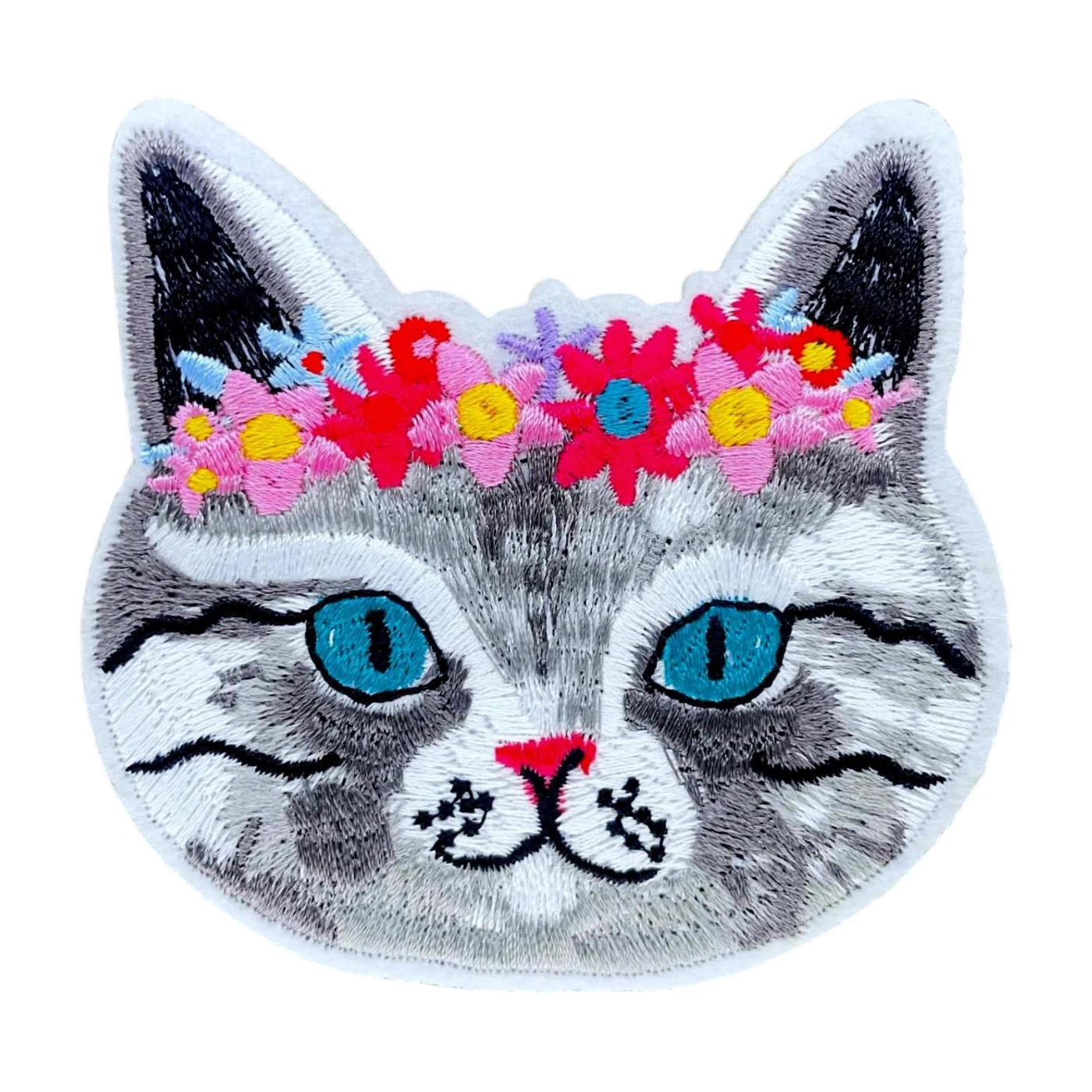 Flower crown grey tabby embroidered patch