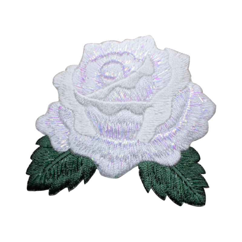 Iridescent white rose embroidery patch