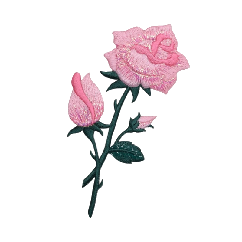 Pink rose stem embroidered patch
