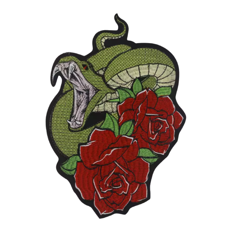 Snake and red roses tattoo style embroidered patch